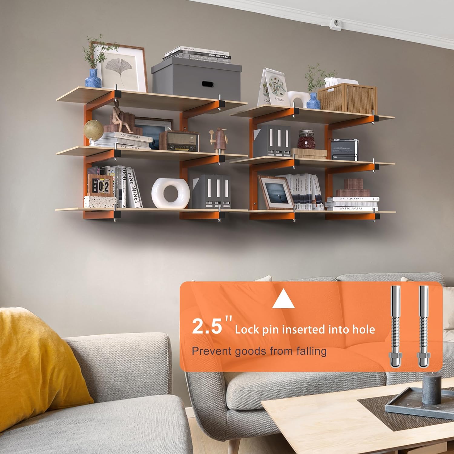 Lumber Rack Wall-Mounted Lumber Storage Rack, Heavy Duty Wood Storage Racks with 9-Level System, 1980 LB Sturdy Garage Wood Organizer, Orange Lumber Metal Racks for Indoor and Outdoor (6 Pack)