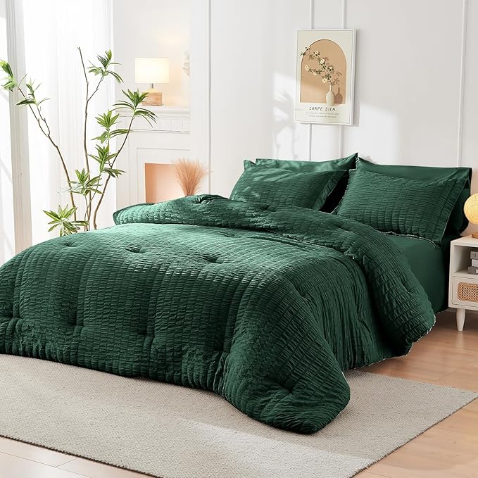 HYMOKEGE Emerald Green California King Comforter Set Seersucker 7 Pieces - Image 8