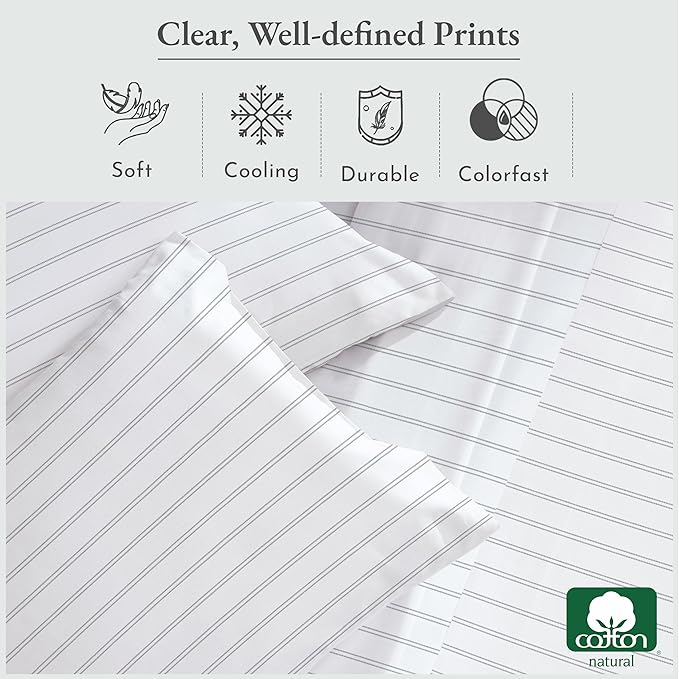 California Design Den Stripe Sheets Queen Size, 100% Cotton Sateen Printed - Image 5