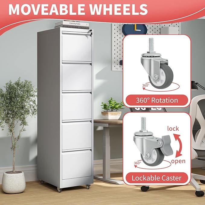 IKIMI 5 Drawer File Cabinet with Wheels,Metal Mobile Filing Cabinets with Lock,Vertical File Cabinet for Home Office,Heavy Duty Storage Cabinet for A4/Letter/Legal Size File,Assembly Required