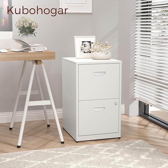 Kubohogar 2 Drawer File Cabinet with Lock,White Metal Filing Cabinets,Vertical Locking File Cabinet Fit Hanging Files, Letter,File Box and A4 Documents(White)