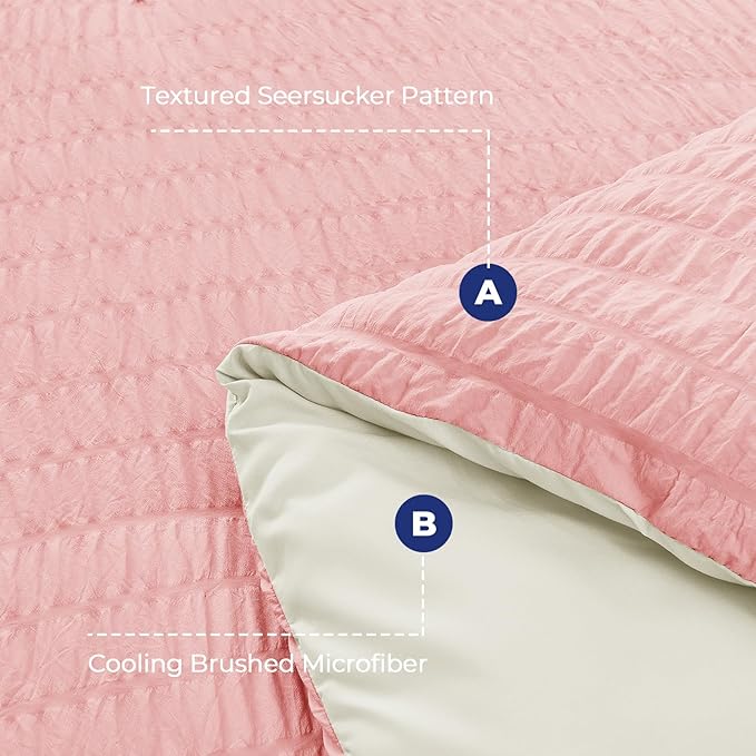 HYMOKEGE Pink/Ivory Duvet Cover Full Size, Ultra Soft 3-Piece Seersucker Duvet - Image 3