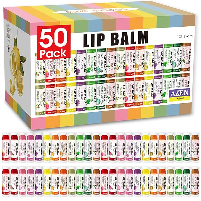 AZEN 50 Pack Lip Balm Bulk, Moisturizing Lip Balms by AZEN