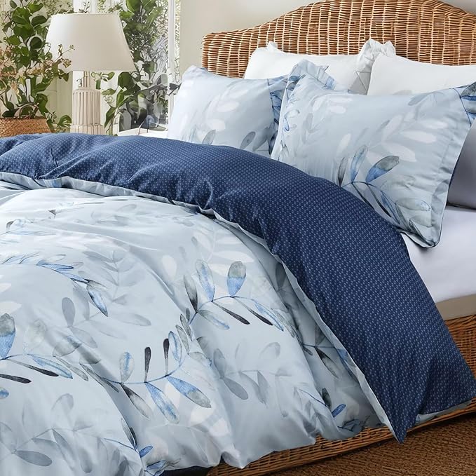 OAITE Duvet Cover Queen Size, Reversible Leaf Blue Duvet Cover Set - Image 2