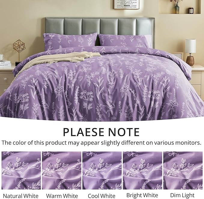 MUXHOMO Duvet Cover King Size, Reversible Floral Grayish Purple Duvet Cover Set - Image 7