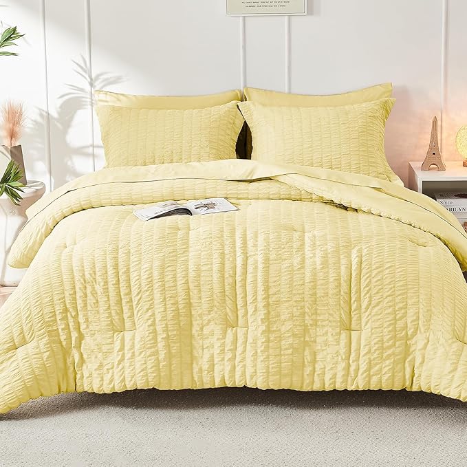 HYMOKEGE Yellow King Size Comforter Set Seersucker 7 Pieces, All Season Luxury - Image 9