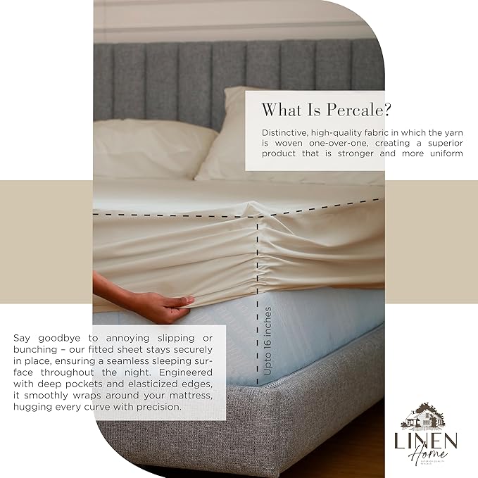 Linen Home 100% Cotton Percale Sheets Queen Size, Light Taupe, Deep Pocket - Image 4