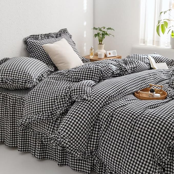 mixinni Black White Gingham Ruffle Duvet Cover Queen Size 3 Pieces – 100% by mixinni