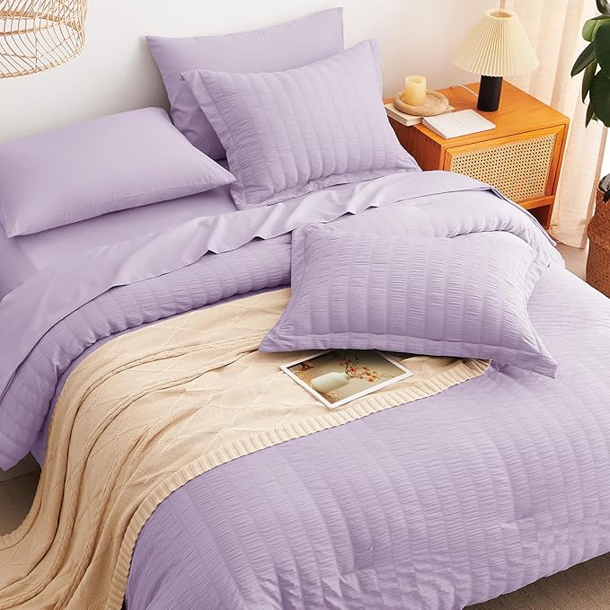 CozyLux King Size Comforter Set Light Purple Seersucker 7 Pieces Bed in a Bag - Image 4