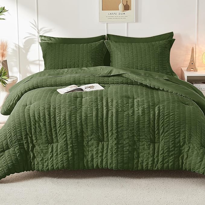 HYMOKEGE Olive Green King Size Comforter Set Seersucker 7 Pieces, All Season - Image 9