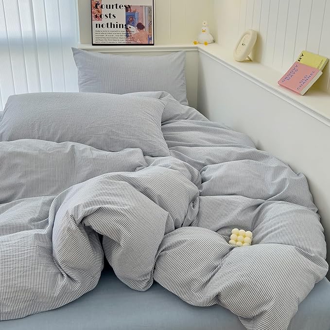 mixinni Striped Duvet Cover Set- 100% Washed Cotton Blue Comforter Cover - Image 4