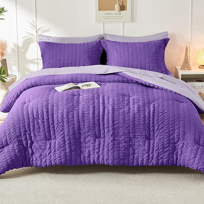 HYMOKEGE Dark Purple/Lavender Queen Comforter Set Seersucker 7 Pieces, All - Image 9