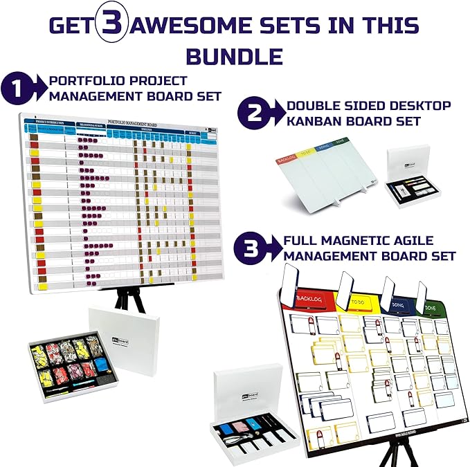 pmxboard Project Management Board Set, Combo Set XXL. Agile Project Management Mega Bundle Project Kit. Full Magnetic Kanban Board Set, Portfolio Management Board Set, Desktop Kanban Board Set, 3 in 1