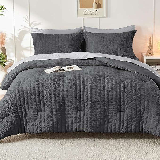 HYMOKEGE Dark Grey/Light Grey King Size Comforter Set Seersucker 7 Pieces - Image 7