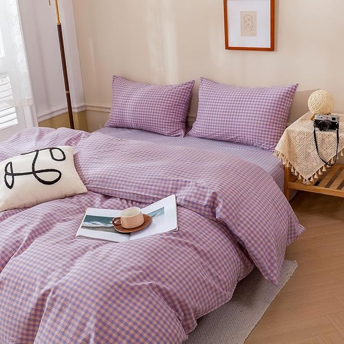 mixinni Purple Gingham Grid Duvet Cover Twin, 100% Washed Cotton Modern - Image 4