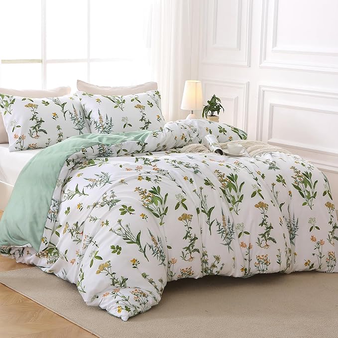 MUXHOMO Duvet Cover Queen Size, Reversible Floral Green Flower Duvet Cover Set - Image 3