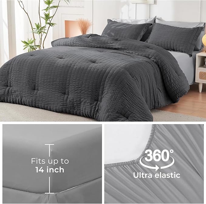 HYMOKEGE Dark Grey/Light Grey Twin Comforter Set Seersucker 5 Pieces, All - Image 6