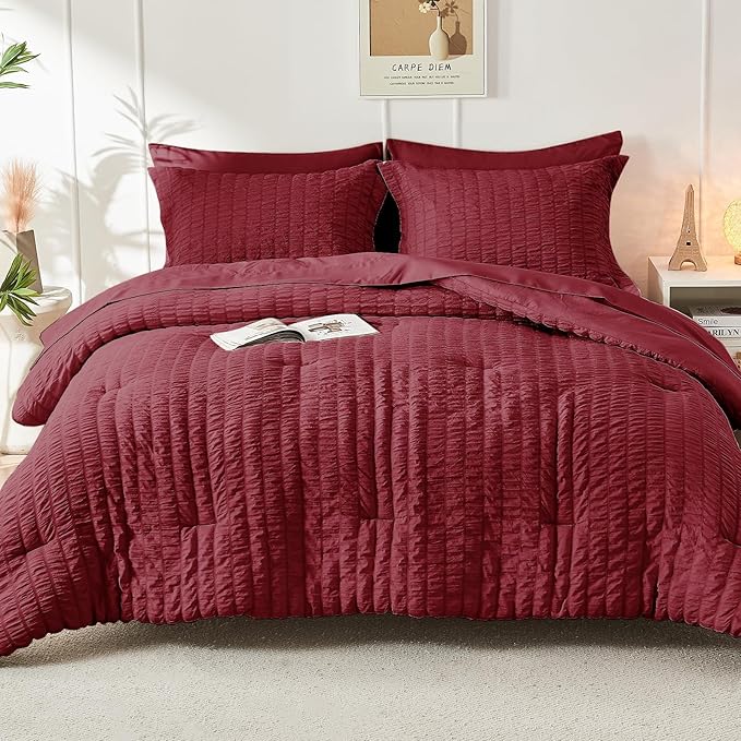 HYMOKEGE Burgundy California King Comforter Set Seersucker 7 Pieces, All Season - Image 9