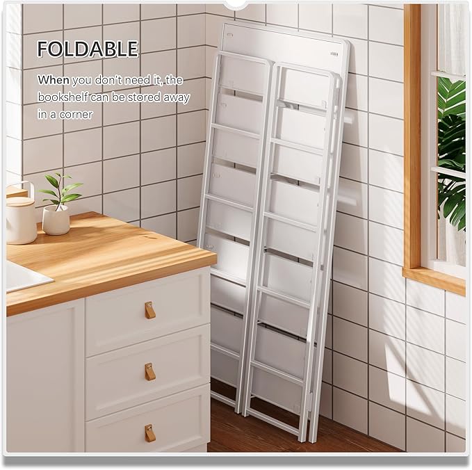 4NM No Assembly 5 Tiers Folding Bookshelf Storage Shelves Vintage Bookcase Standing Racks Study Organizer Home Office (All White)
