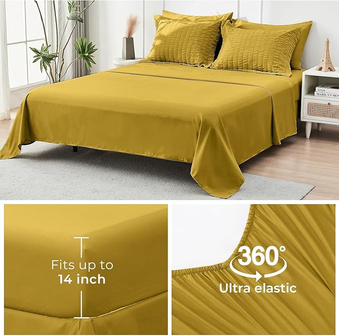 HYMOKEGE Mustard Yellow King Size Comforter Set Seersucker 7 Pieces, All Season - Image 7