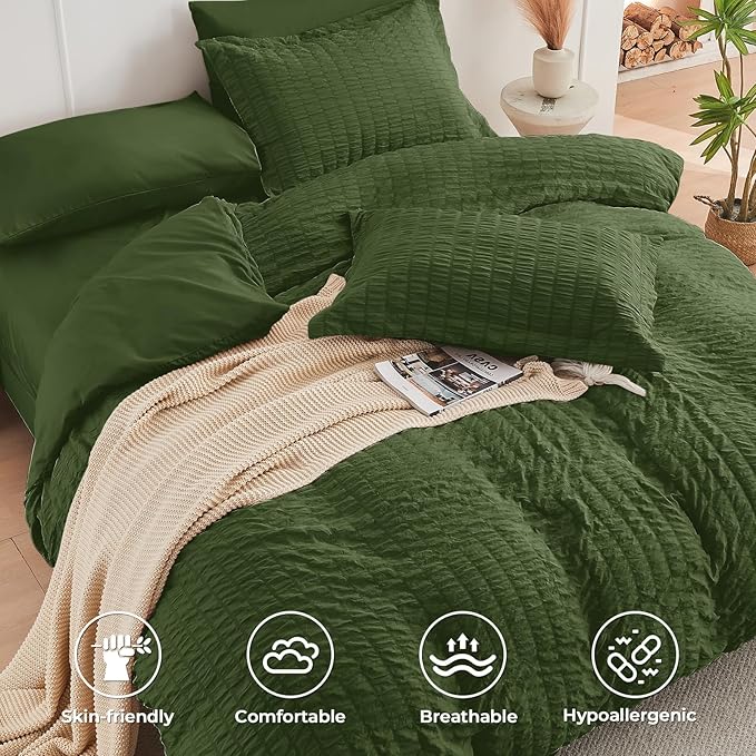 HYMOKEGE Olive Green King Size Comforter Set Seersucker 7 Pieces, All Season - Image 3