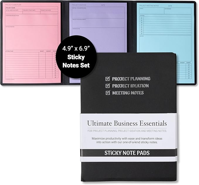 Meeting Notebook for Work & Project Planner Kit for Men and Women – 90 Large Sticky Notes for Work Organization, Project Management, Business Professionals & Work Planners