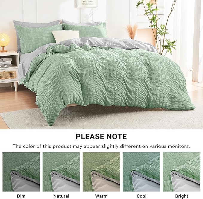 HYMOKEGE Sage Green/Light Grey Queen Comforter Set Seersucker 7 Pieces - Image 6