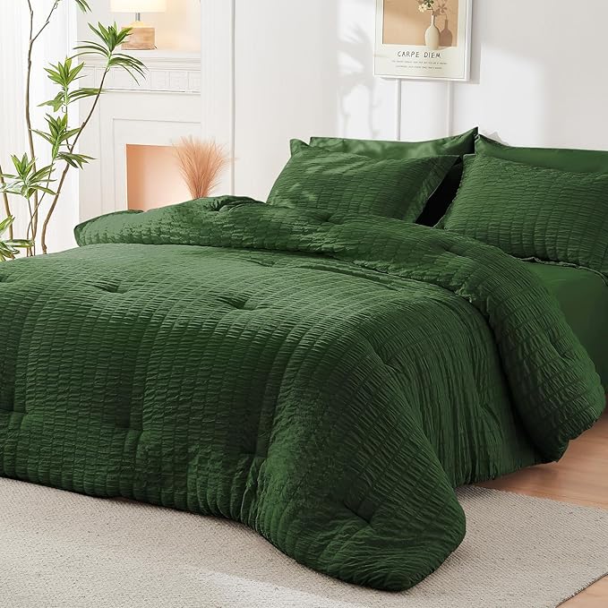 HYMOKEGE Dark Green Twin Comforter Set Seersucker 5 Pieces, All Season Luxury - Image 7