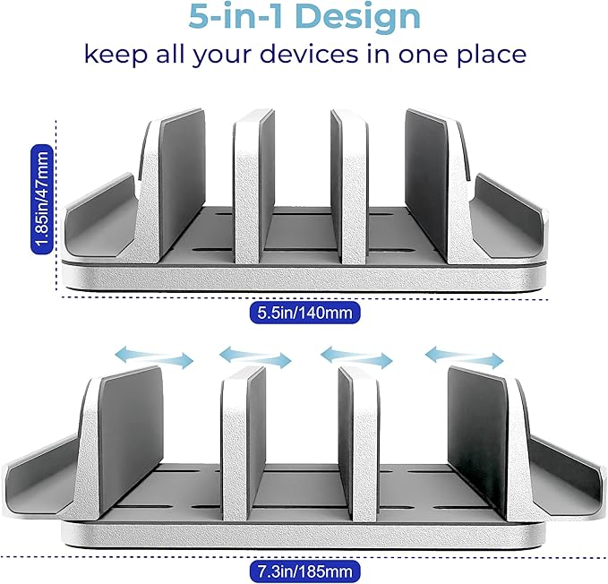 TEFONIA Adjustable Laptop Stand, 5 Slots, Aluminum Space-Saving, for Apple MacBook/Surface/Galaxy/Tablet/iPad/iPhone, Silver