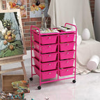 GOFLAME 10-Drawer Rolling Storage Cart, Art Craft Storage Organizer on Wheels, Multipurpose Movable Utility Cart for School, Office and Home, Hot Pink