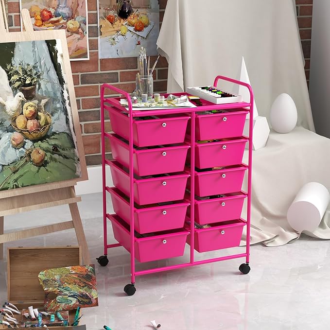 GOFLAME 10-Drawer Rolling Storage Cart, Art Craft Storage Organizer on Wheels, Multipurpose Movable Utility Cart for School, Office and Home, Hot Pink
