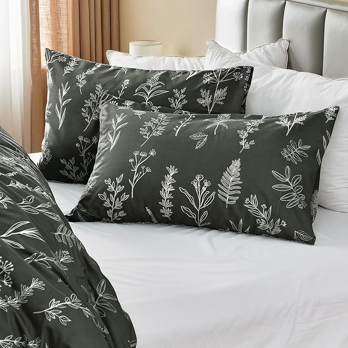 MUXHOMO Duvet Cover Queen Size, Reversible Floral Dark Grey Duvet Cover Set - Image 5
