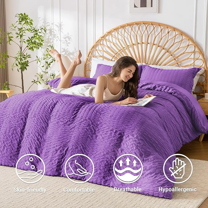 HYMOKEGE Dark Purple Duvet Cover Queen Size, Ultra Soft 3-Piece Seersucker - Image 2