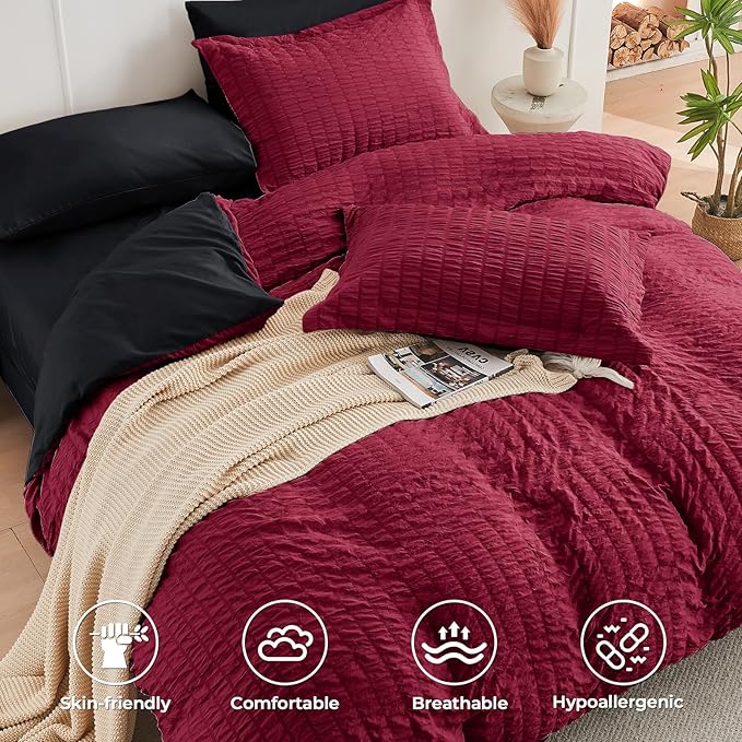 HYMOKEGE Red & Black Full Size Comforter Sets Seersucker 7 Pieces, All Season - Image 3