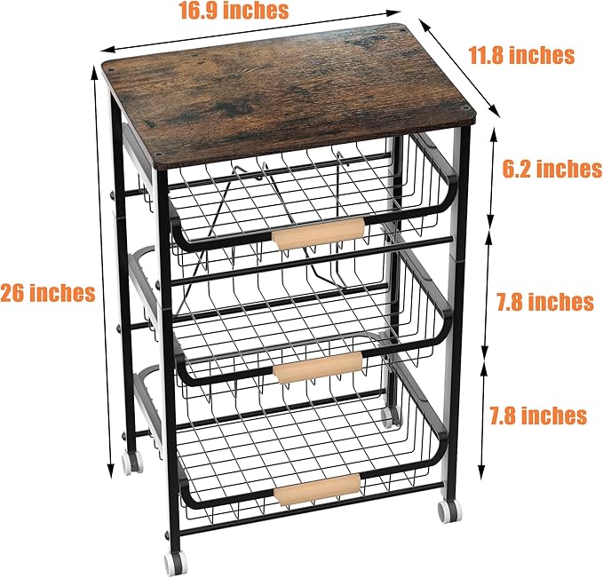 NiuYichee 4-Layer Fruit Basket Kitchen Food Organizer and Rack, Stackable Storage Cart with Desktop, Pull-Out Hollow Metal Basket, Sliding Out Storage (Black 4-Layer Rack)