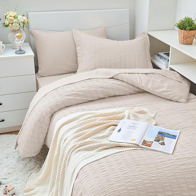 HYMOKEGE Beige Twin XL Comforter Set Seersucker 5 Pieces, All Season Luxury Bed - Image 2