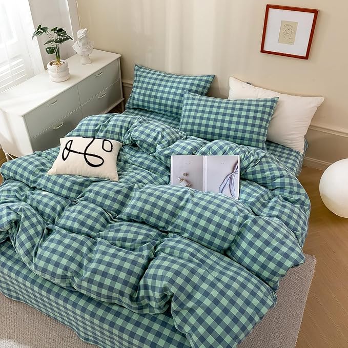 mixinni Green Gingham Grid Duvet Cover Full, 100% Washed Cotton Modern by mixinni