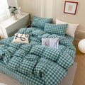 mixinni Green Gingham Grid Duvet Cover Full, 100% Washed Cotton Modern by mixinni