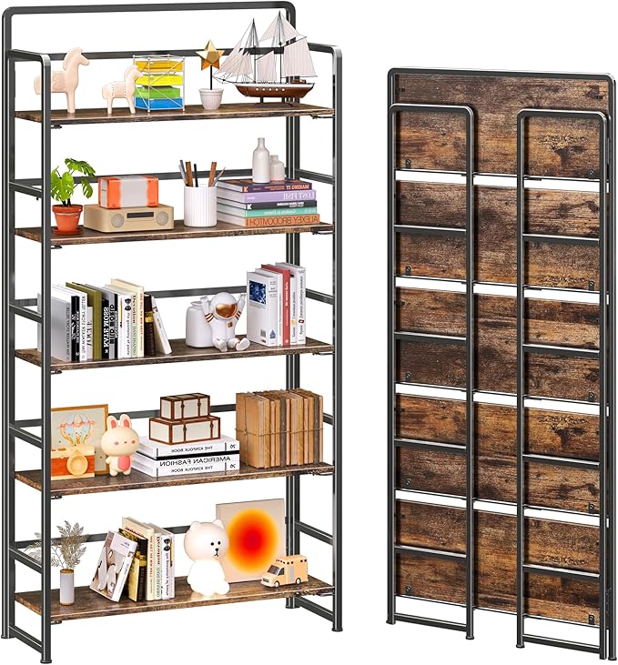 4NM No Assembly Extra Wide 5 Tiers Folding Bookshelf Storage Shelves Vintage Bookcase Standing Racks Study Organizer Home Office (Rustic Brown Black)