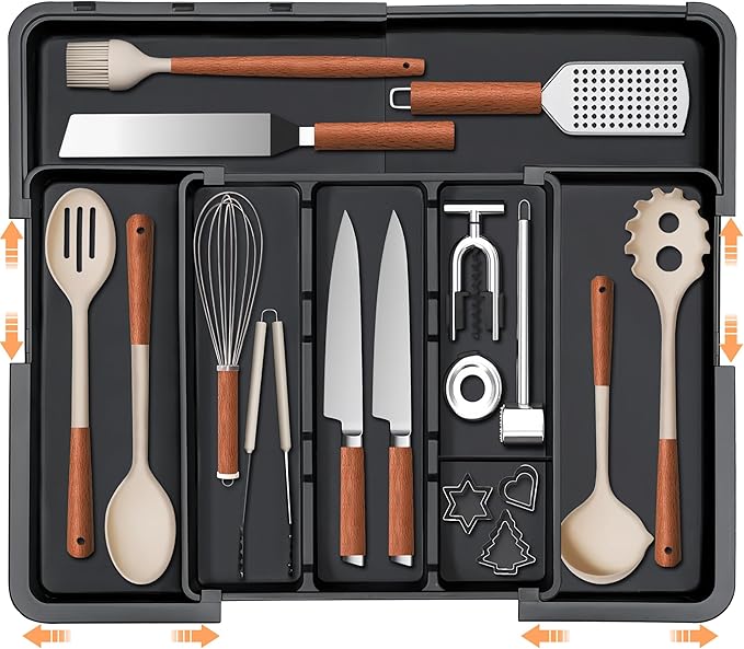 Spaclear Large Utensil Drawer Organizer Expandable Silverware Organizer for Kitchen Drawer Adjustable Cooking Utensil Holder Cutlery Flatware Tray Spatula Tools Gadgets Storage Dividers Plastic Black
