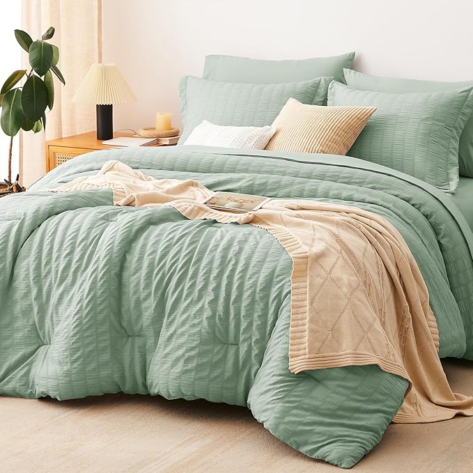 CozyLux King Size Comforter Set Sage Green Seersucker 7 Pieces Bed in a Bag by CozyLux
