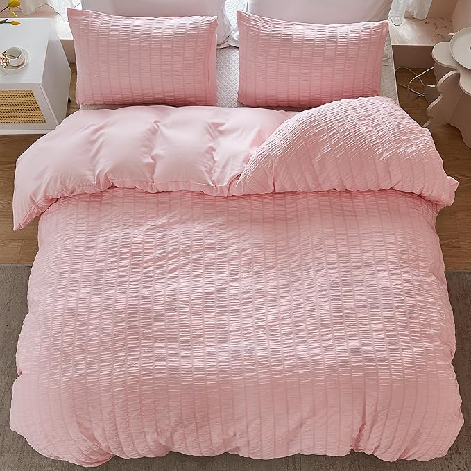 AveLom Blush Pink Seersucker Duvet Cover Set Queen Size, 3 Pieces, Ultra Soft - Image 7