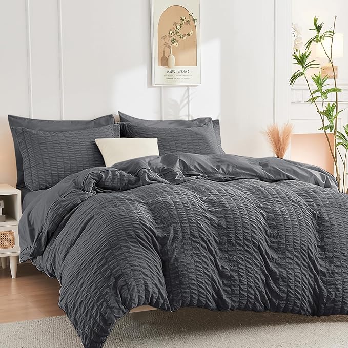 HYMOKEGE Dark Grey Duvet Cover Queen Size, Ultra Soft 3-Piece Seersucker Duvet - Image 4