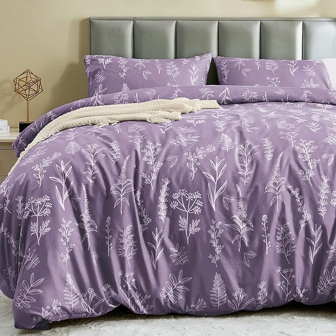 MUXHOMO Duvet Cover Queen Size, Reversible Floral Grayish Purple Duvet Cover Set by MUXHOMO