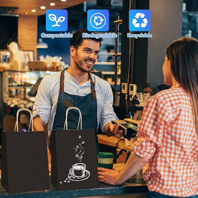 XPCARE 200Pack Paper Bags 8x4.5x10 Inch, Plain Medium Paper Bags with Handles Bulk, Kraft Paper Gift Bag, Retail, Party, Shopping, Favor Bag(Black)