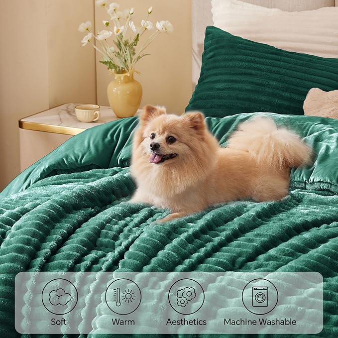 BEDELITE Fleece Queen Comforter Set -Super Soft & Warm Fluffy Dark Green Bedding - Image 3