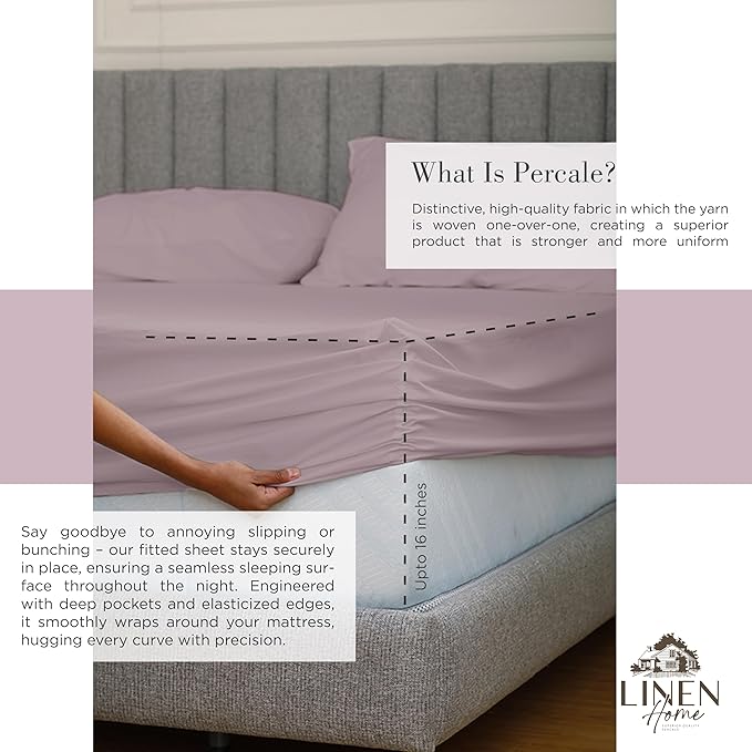 Linen Home 100% Cotton Percale Sheets Twin Size, Mauve Lavender, Deep Pocket - Image 4
