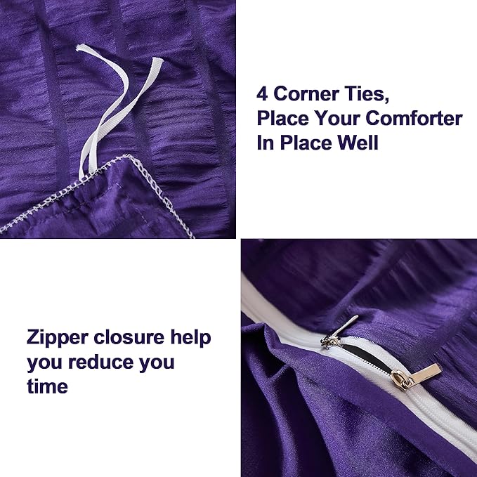 AveLom Dark Purple Duvet Cover Cal King, 3 Pieces, Seersucker Striped Soft - Image 4