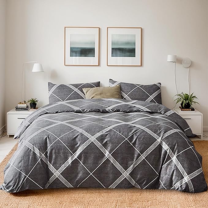 TOCOMOA Plaid Duvet Cover Set 100% Natural Cotton Soft Comfy Breathable 3 Piece - Image 3