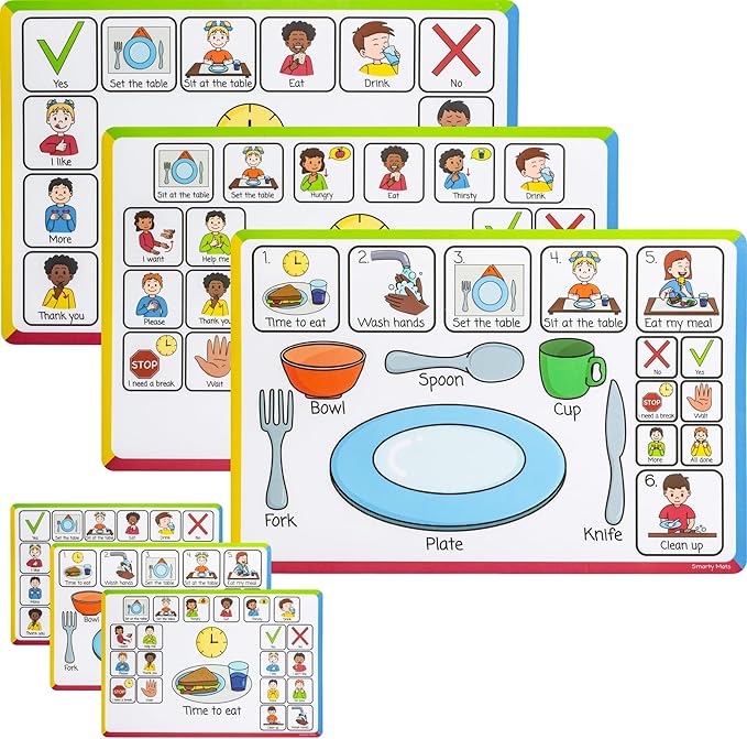 Speech Therapy Placemats for Autism & Non-Verbal Kids (6 Pack) – Visual Communication Boards, ABA Therapy Tools, Toddler Speech Delay Aids – Smarty Mats Waterproof Wipe-Clean Mealtime Mats